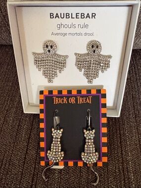 BaubleBar Silver Crystal Ghost and Iridescent Cat Earrings Set